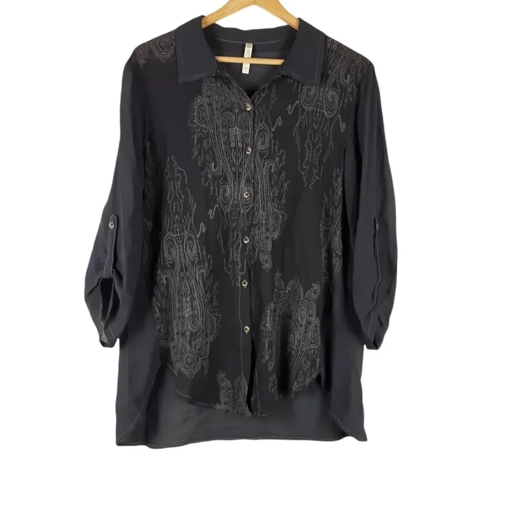 XCVI Button Up Stitch Blouse Embroider Gray Size Medium - Picture 2 of 7